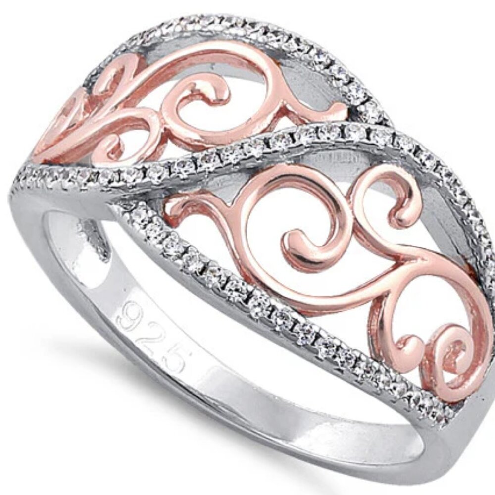 Sterling Silver Vines Two-tone Rose Gold Plated CZ Ring